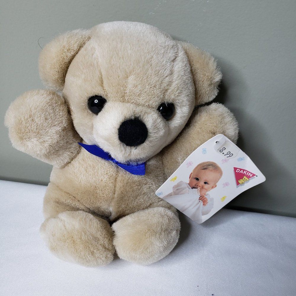 Vintage 70s Dakin Small Beige Teddy Bear Plush Stuffed Animal 6" Blue Bow